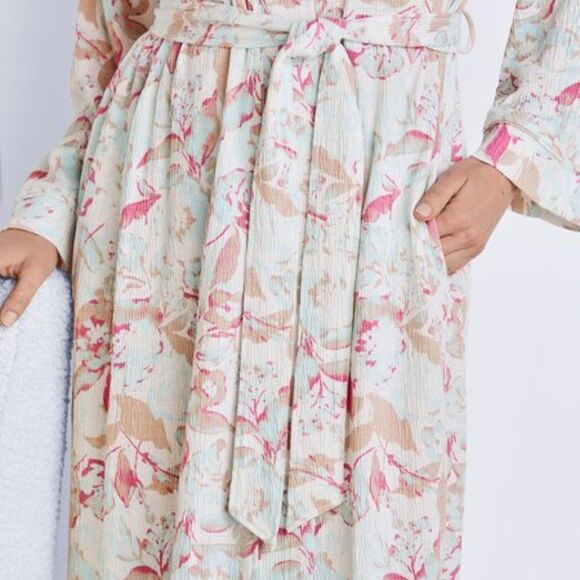 Soft Surroundings Long Robe Size S Gauzy Cotton Blend Floral Pockets Belt - Picture 2 of 16